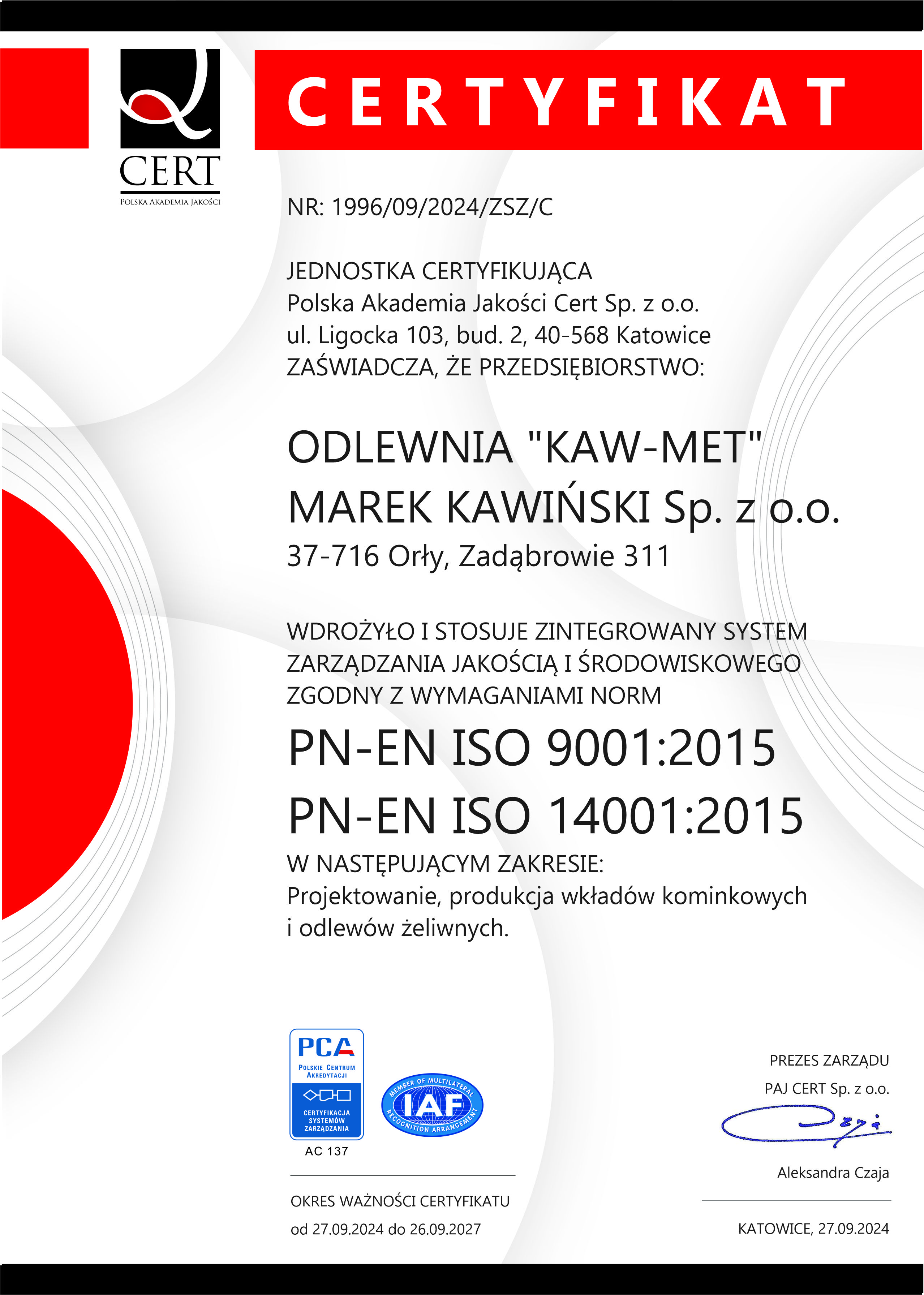 2024-2027 Odlewnia Kaw-Met Marek Kawiński ISO 9001 14001 PL.jpg